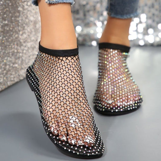 New Hollow Flat Sandals With Rhinestone Design: Summer Fashion Round Toe Shoes For Women - Stylish High Top Heel Slides With Mesh Upper and Rubber Sole - Goodoo