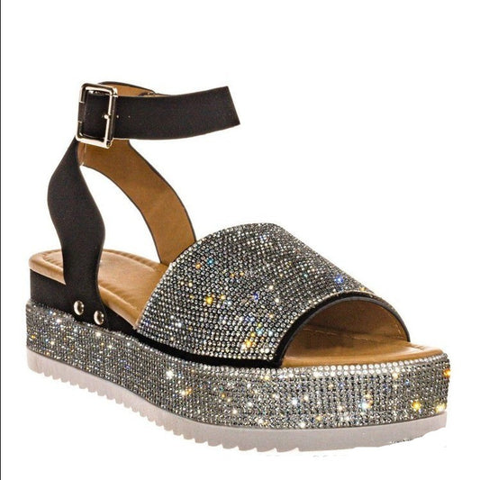 Glamorous Rhinestone Sandals for Women - Summer Fashion Platform Shoes, Sparkling PU Upper, Durable Rubber Sole, Available in Black, Silver, Gold, Multicolor, Sizes 36-43 - Goodoo
