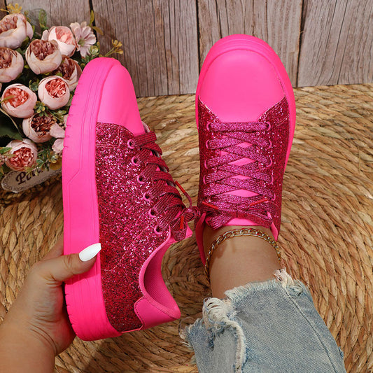 Women's Glitter Sequin Thick-Soled Sneakers - Trendy Lace-Up Fashion Skateboard Shoes in Plum Red, Blue, Pink, Black, Silver - Goodoo