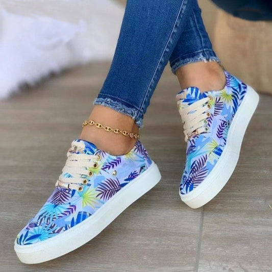 Women's Canvas Lace-Up Flats with Leaves Print | Casual Sneakers for Stylish Comfort and Versatility | Round Toe Shoes for Everyday Wear - Goodoo