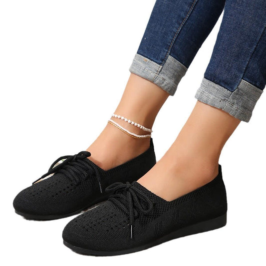Women's Breathable Lace-Up Flats - Fashionable Mesh Shoes with Cross Strap Design, Available in Sizes 36-43 - Goodoo