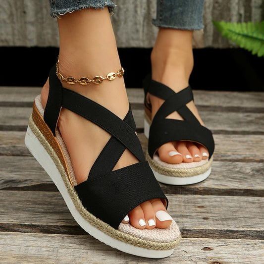 Elegant Wedge Sandals for Women - Cross-Strap Platform Gladiator Shoes with Hemp Heel, Summer Cloth Upper, Round Toe Design, Available in Black, Light Blue, Beige, Red, Pink, Sizes 35-43 - Goodoo