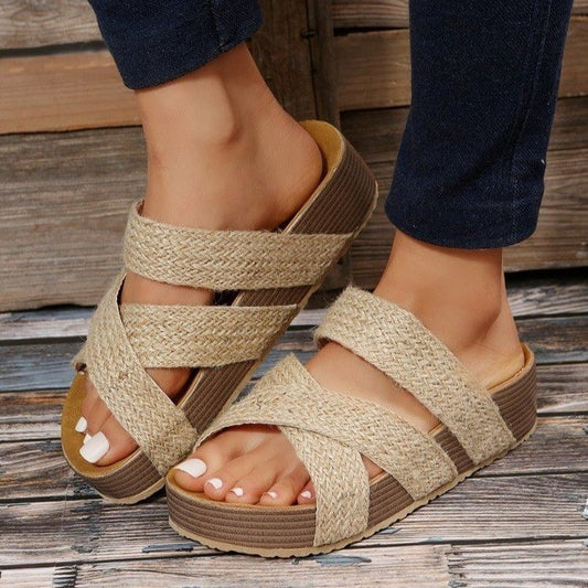 Stylish Woven Cross-Strap Slippers for Women - Summer Platform Sandals, Comfortable PU Upper, Rubber Sole, European & American Style, Available in Multiple Colors & Sizes 35-43 - Goodoo