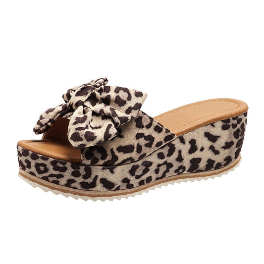 Stylish Women's Bow Leopard Print Wedge Slippers - High Heel, Thick-Sole Fish Mouth Slides, Summer Outdoor PU Upper, Rubber Sole, Fashion Footwear in Sizes 35-43 - Goodoo