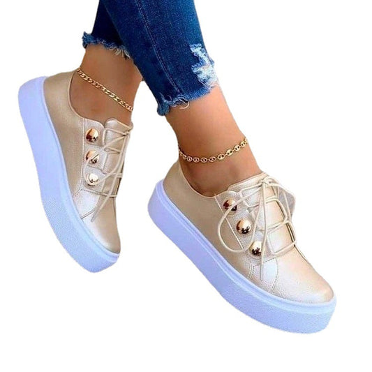 Stylish Rivet Lace-Up Flats Sneakers for Women - Casual Comfortable Shoes in White, Black, Gold, Rose Gold; Sizes 35-43 - Goodoo